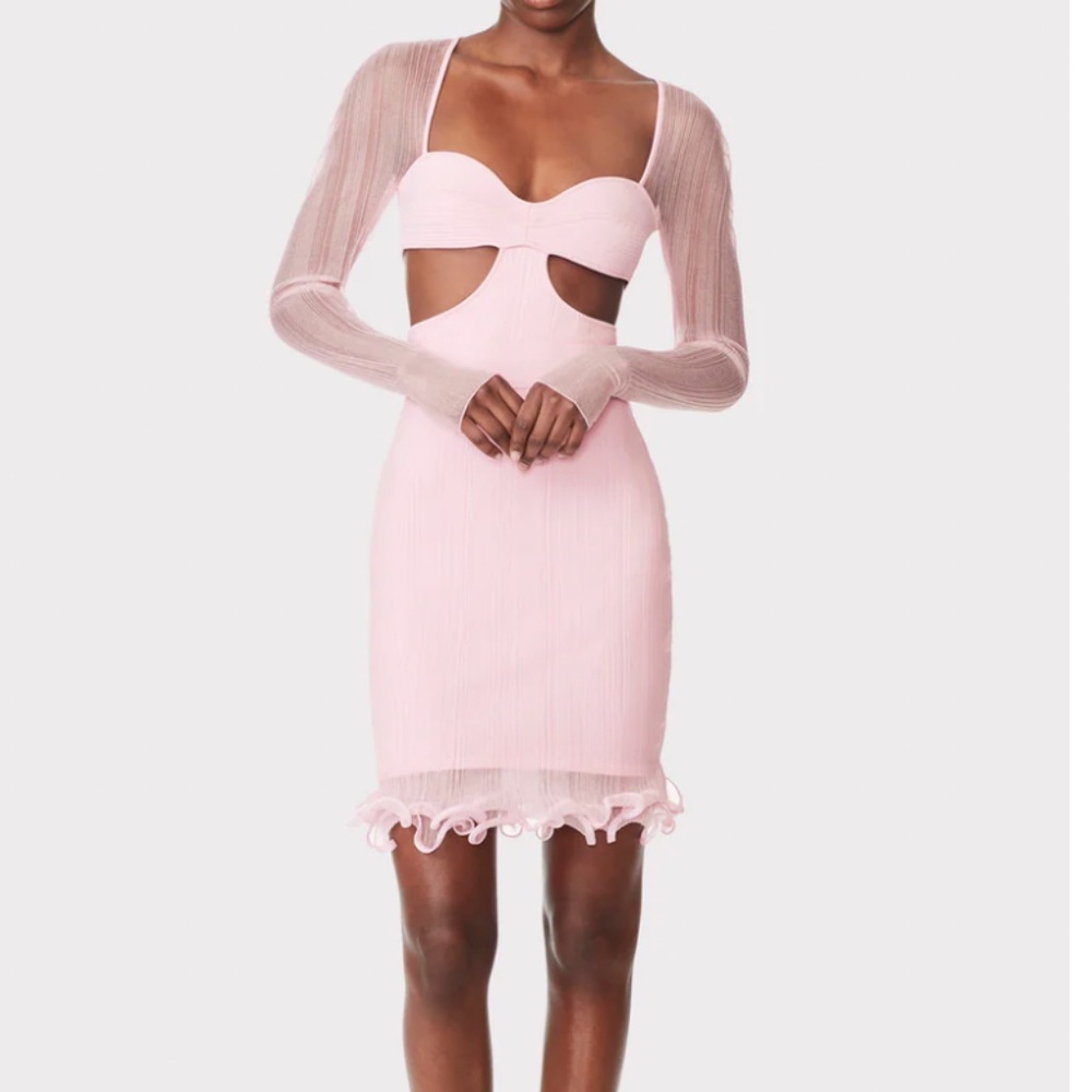 HERVE LEGER SHEER LAYERED L/S MINI DRESS W/ RUFFLE-NEW WITH TAGS